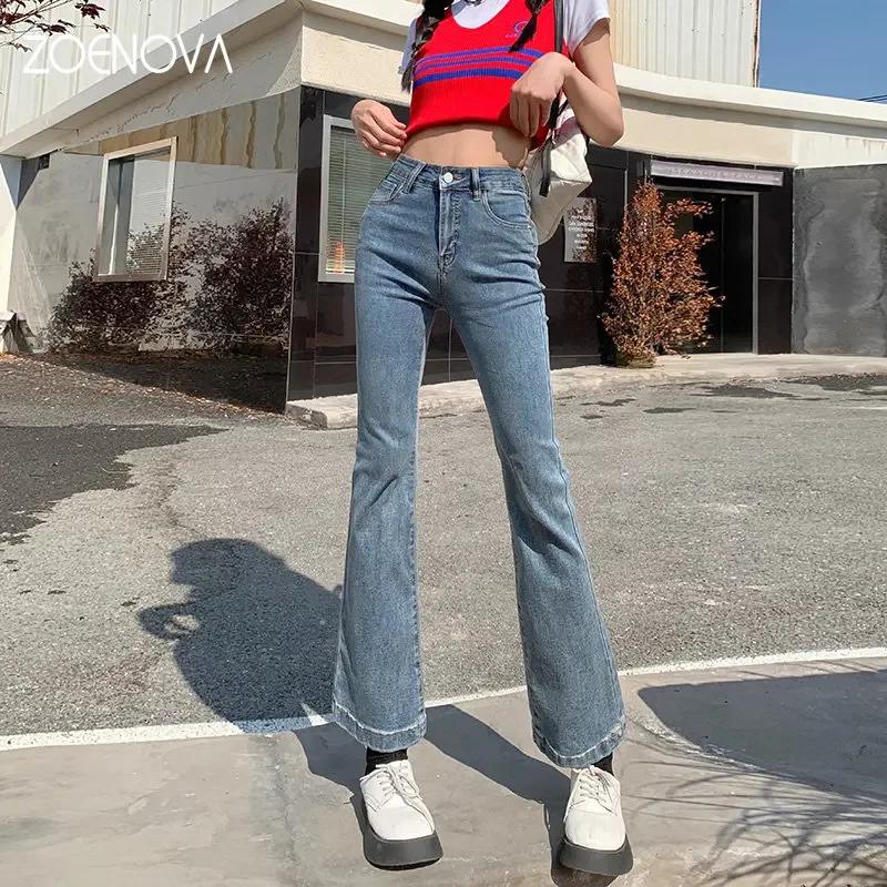 ZOENOVA Women Harajuku Korean Hot Girl Retro Blue Flared Cropped Pant Straight Stretch Female High Street Fashion De